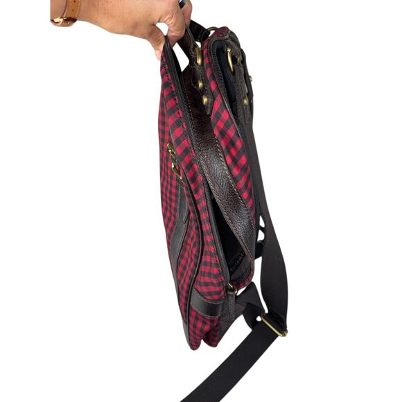 Fossil Plaid Backpack Red Tartan Canvas Bag Leather Trim Travel Work School - Picture 2 of 9